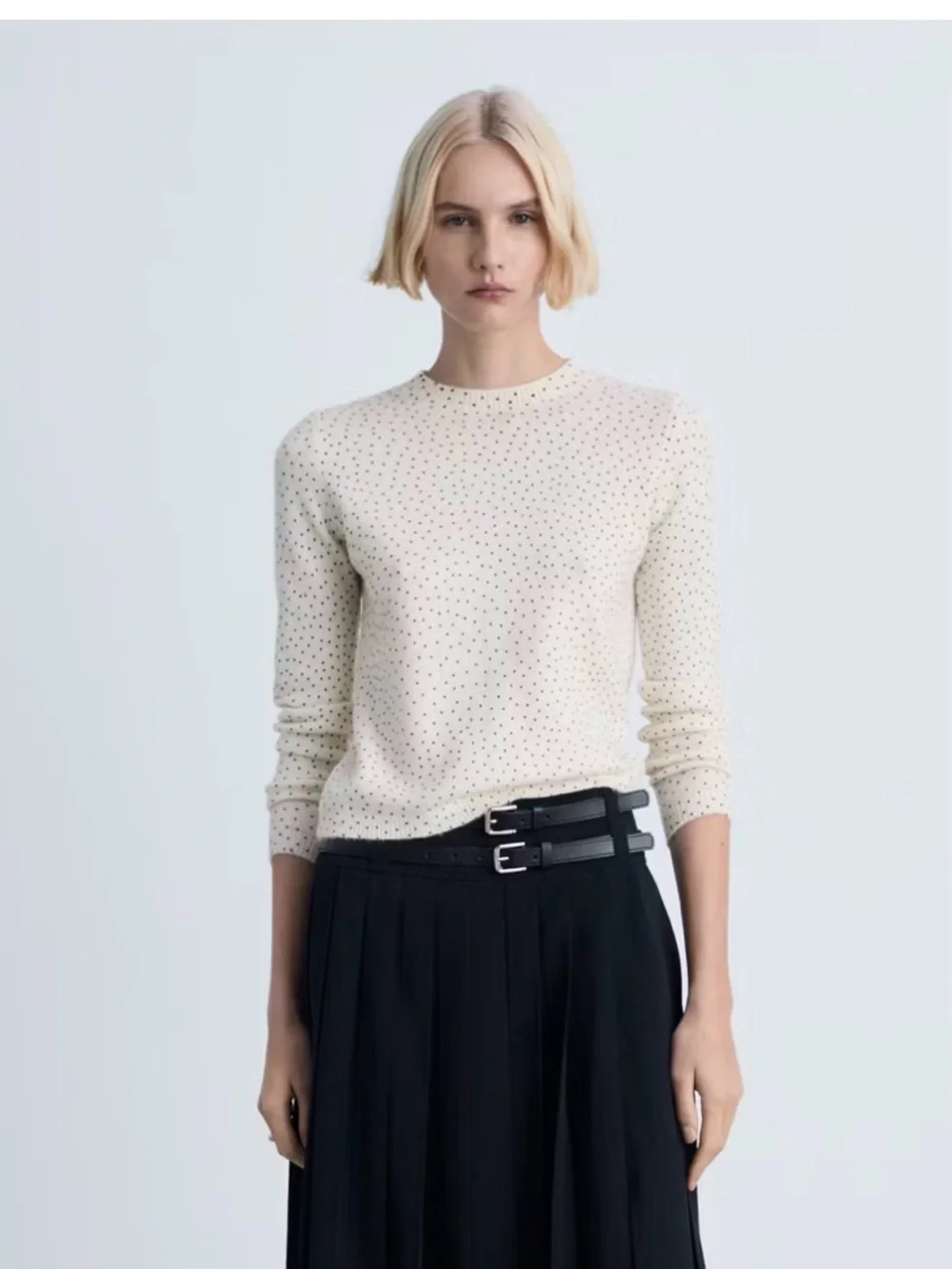 MANGO Cream Polka Dot Knit Sweater XS Soft Lightweight Crew Neck - Picture 2 of 10